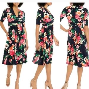 Vince Camuto Navy Blue Floral Print Jersey Midi Dress 6